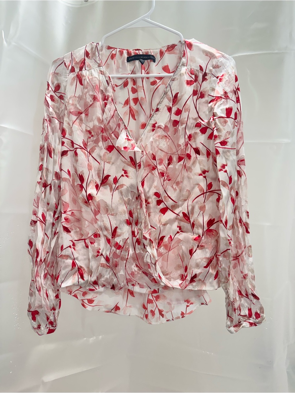 White House Black Market Cream Blouse with Red Leaf Print